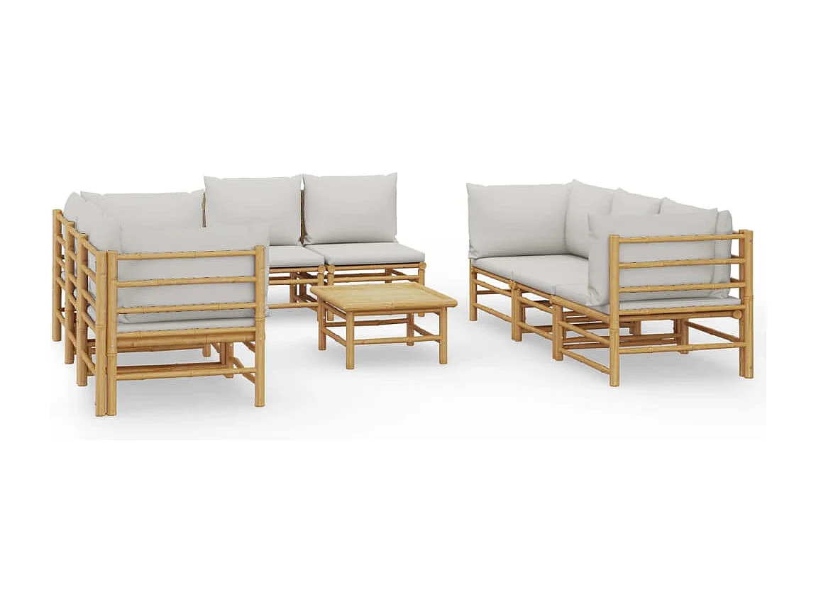 Salon de jardin 9 pcs avec coussins gris clair bambou