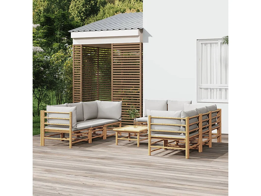 Salon de jardin 9 pcs avec coussins gris clair bambou