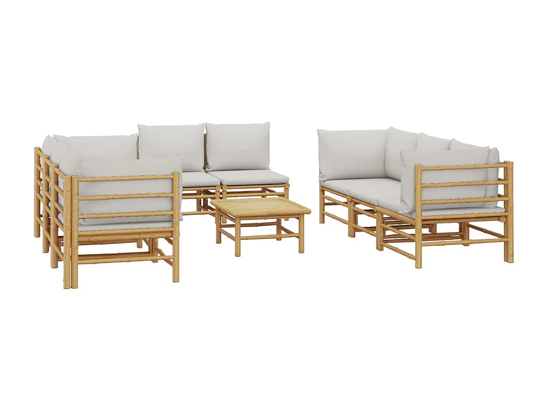 Salon de jardin 9 pcs avec coussins gris clair bambou