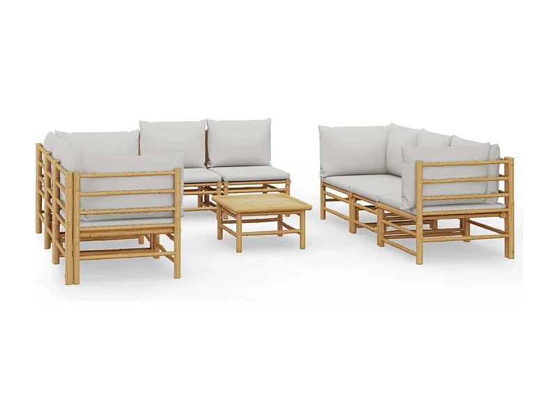 Salon de jardin 9 pcs avec coussins gris clair bambou