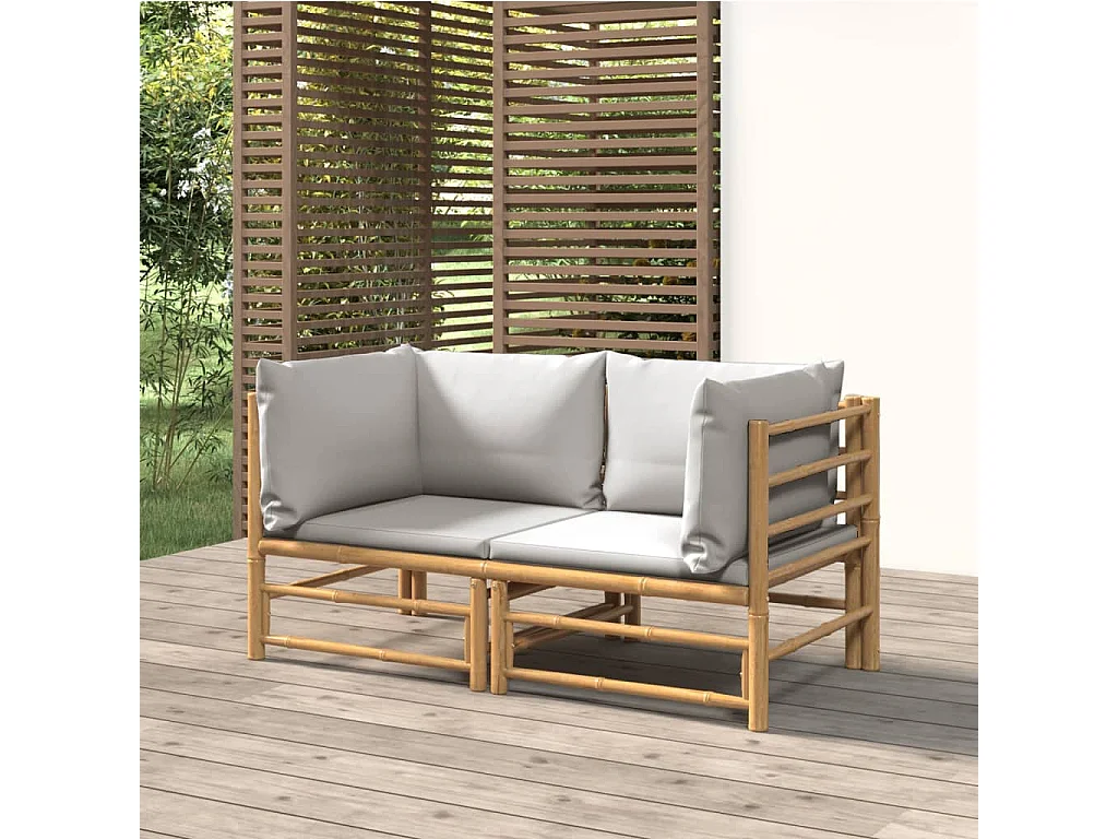 Canapés d'angle de jardin avec coussins gris clair 2 pcs bambou