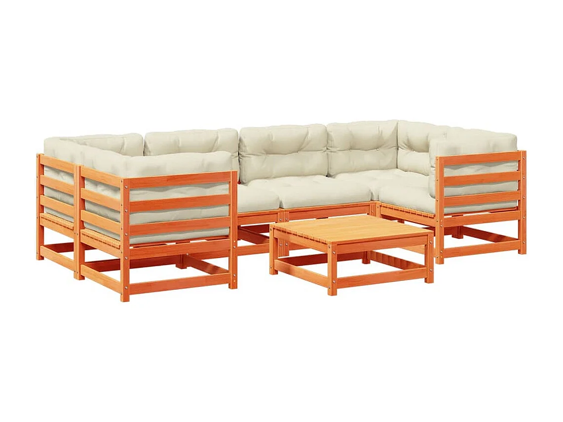 Salon de jardin 7 pcs avec coussins cire marron bois pin massif