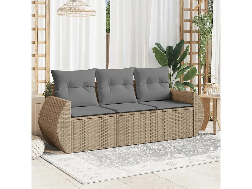 Salon de jardin avec coussins 3 pcs beige résine tressée