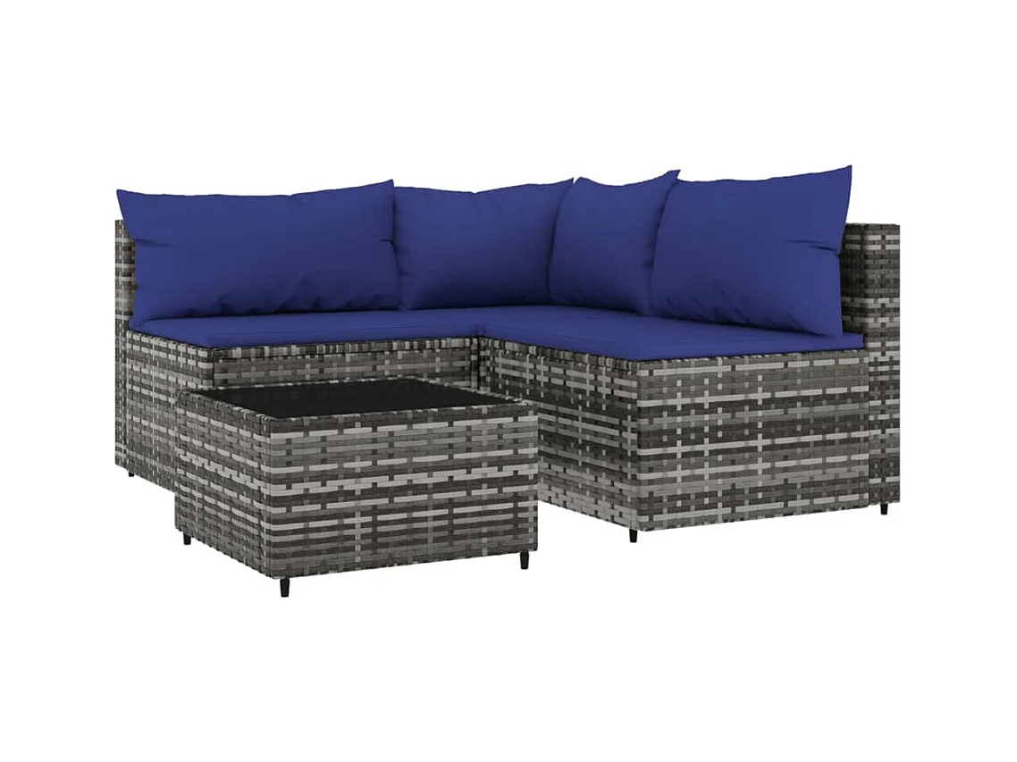 Salon de jardin 4 pcs avec coussins Gris Résine tressée