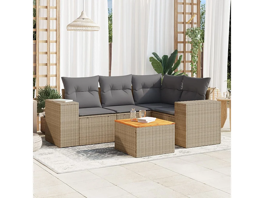 Salon de jardin avec coussins 5 pcs beige résine tressée