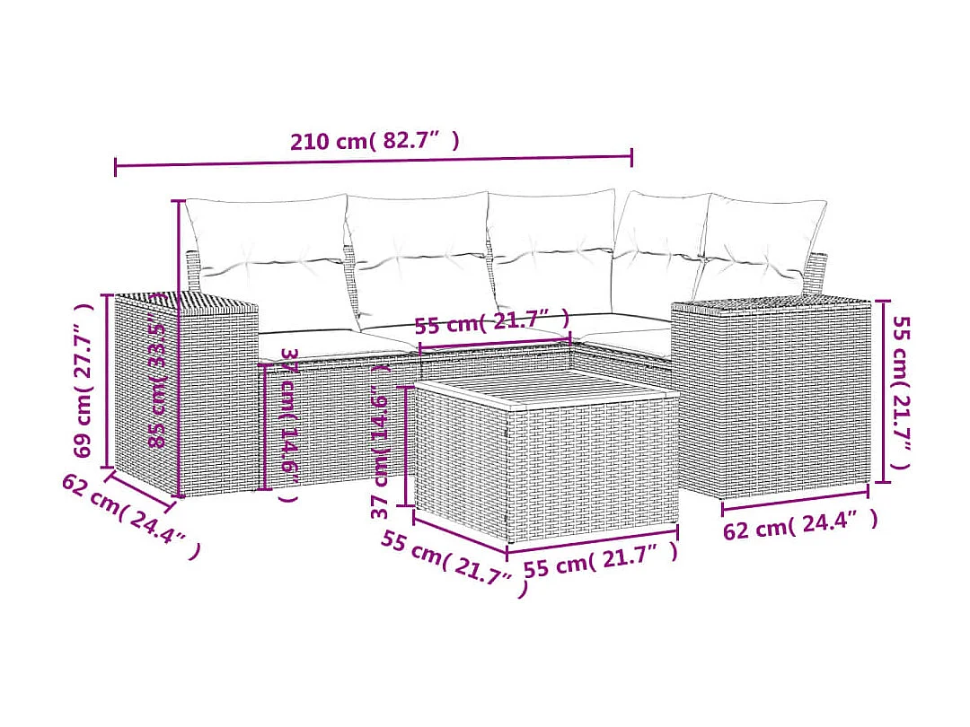 Salon de jardin avec coussins 5 pcs beige résine tressée