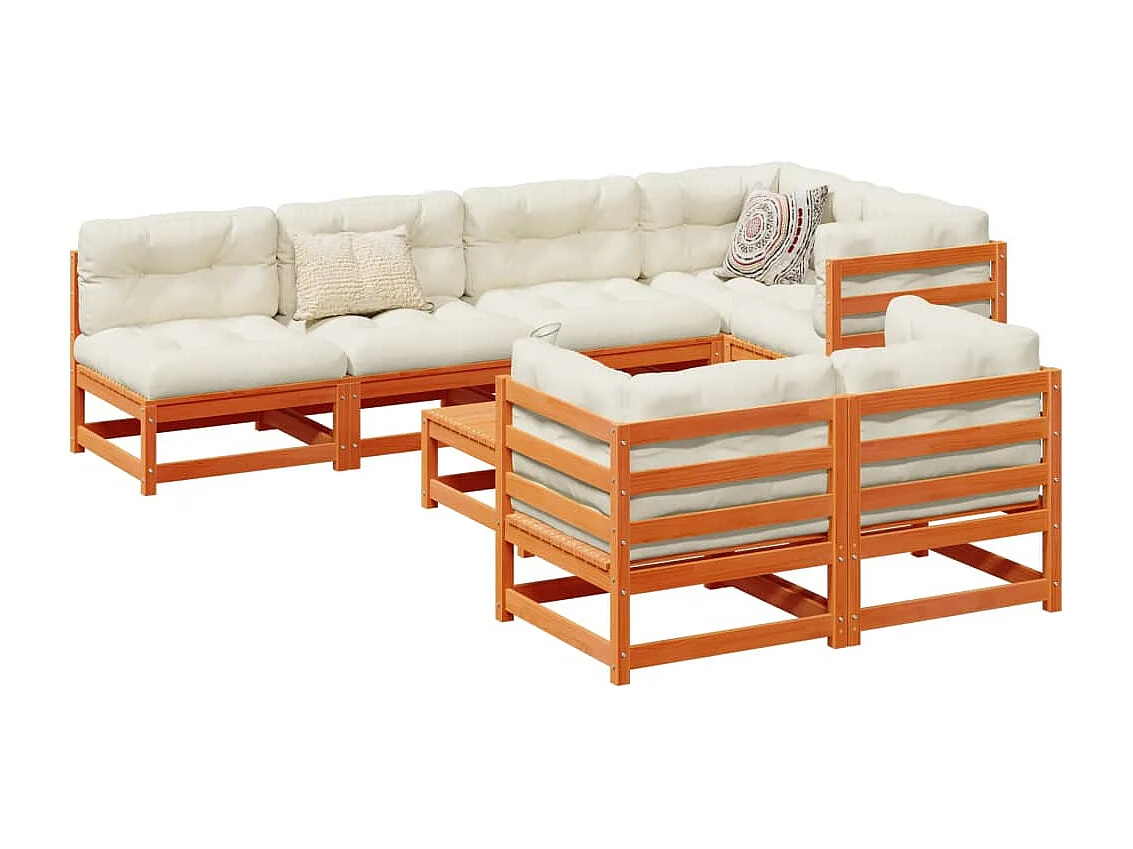 Salon de jardin 8 pcs avec coussins marron cire bois pin massif
