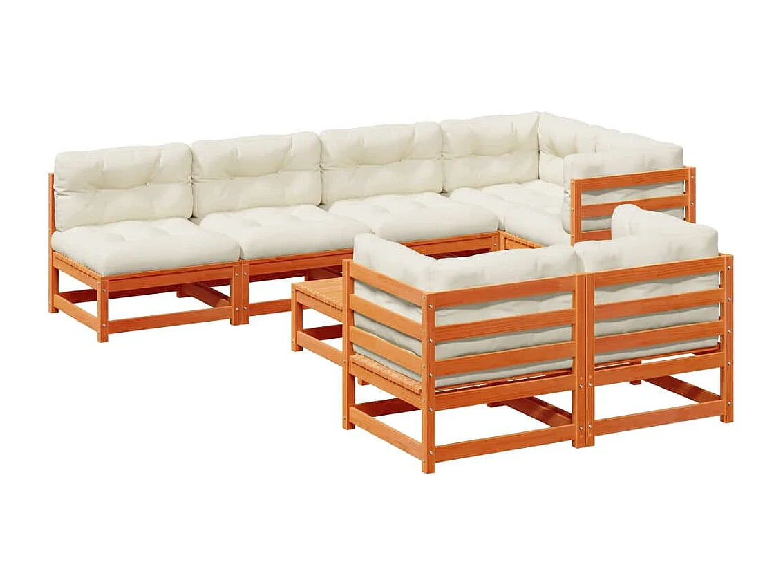 Salon de jardin 8 pcs avec coussins marron cire bois pin massif