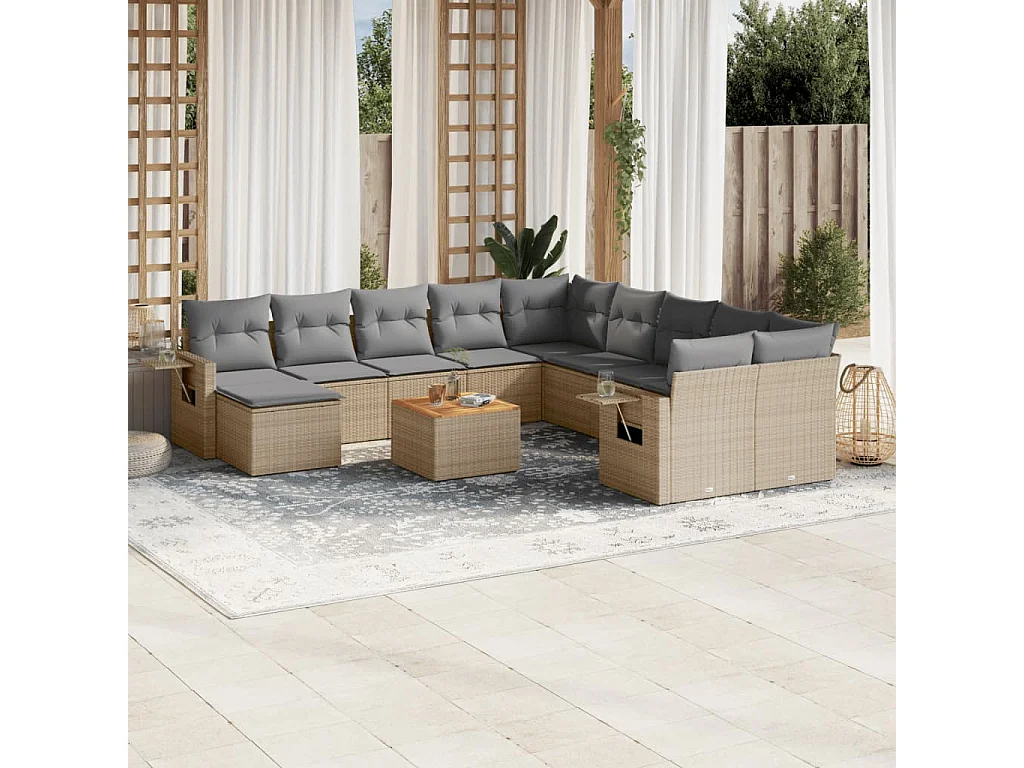 Salon de jardin et coussins 14 pcs mélange beige résine tressée