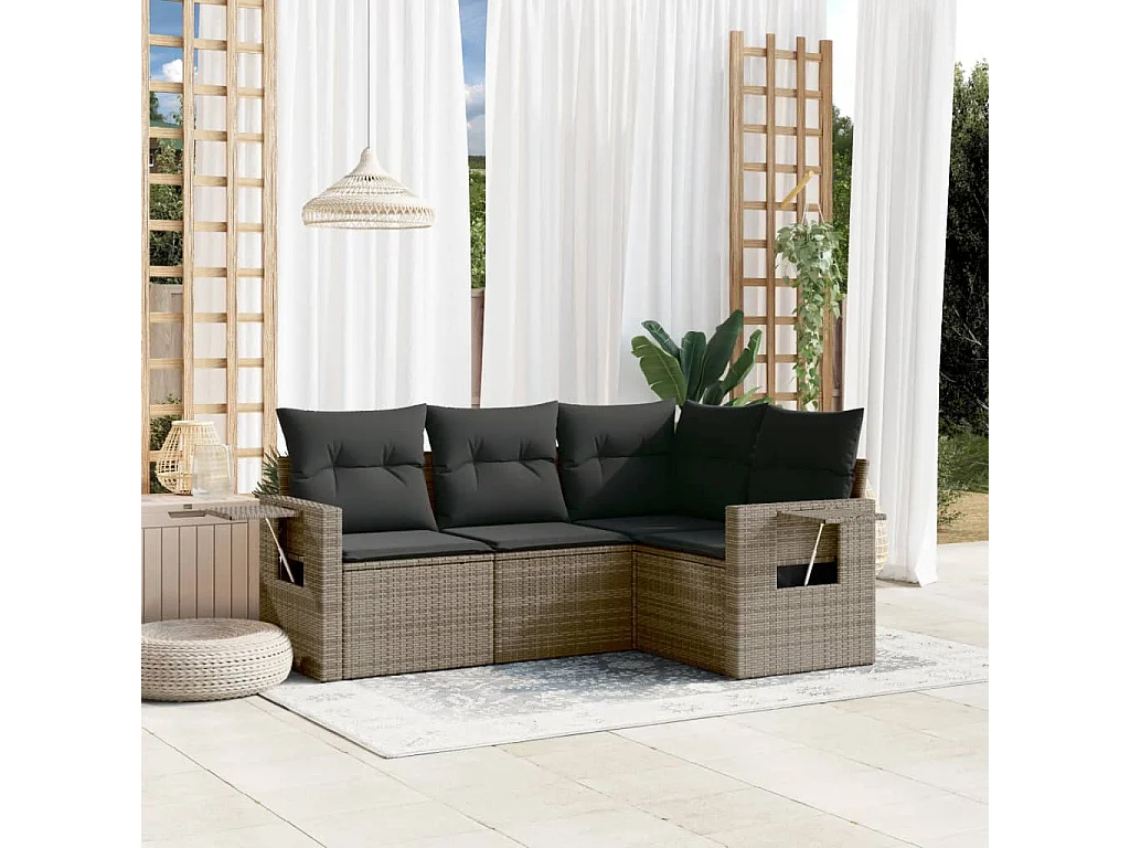 Salon de jardin 4 pcs avec coussins gris résine tressée
