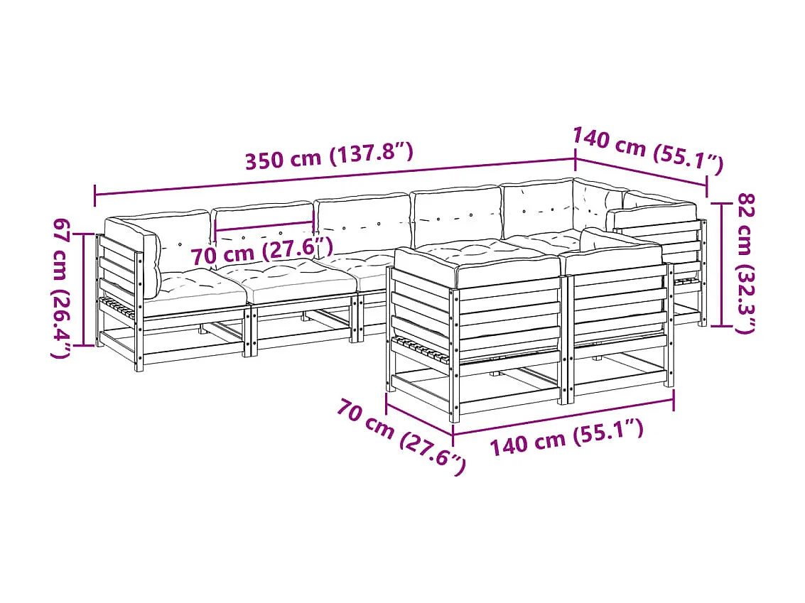 Salon de jardin 8 pcs avec coussins marron cire bois pin massif