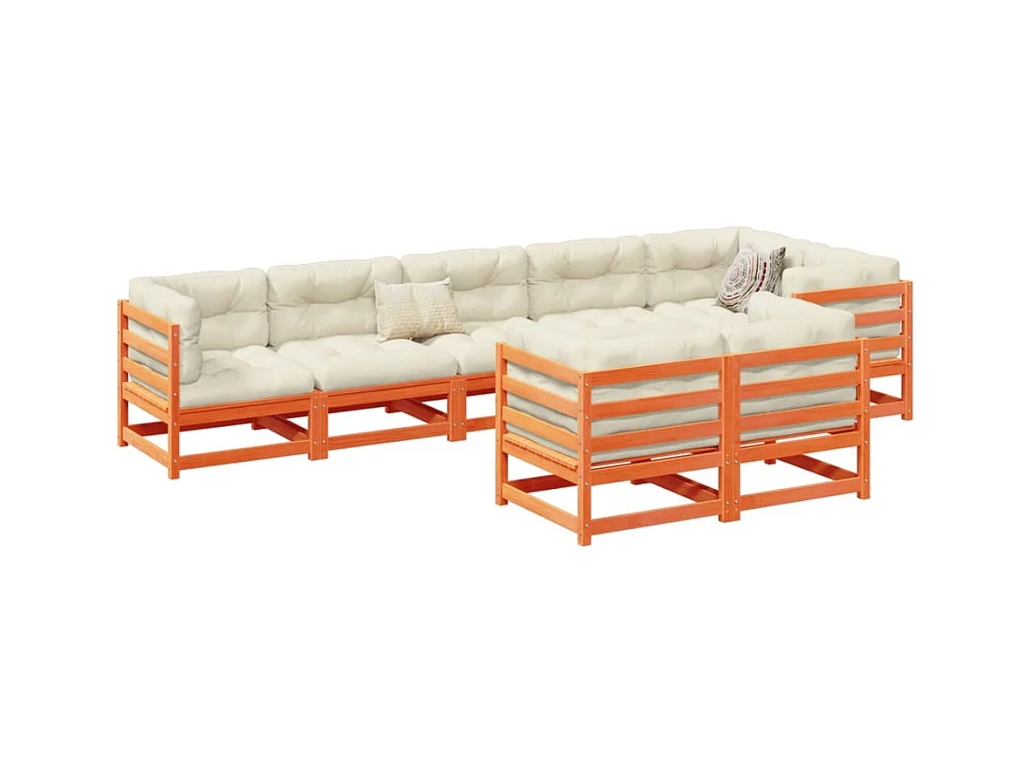Salon de jardin 8 pcs avec coussins marron cire bois pin massif