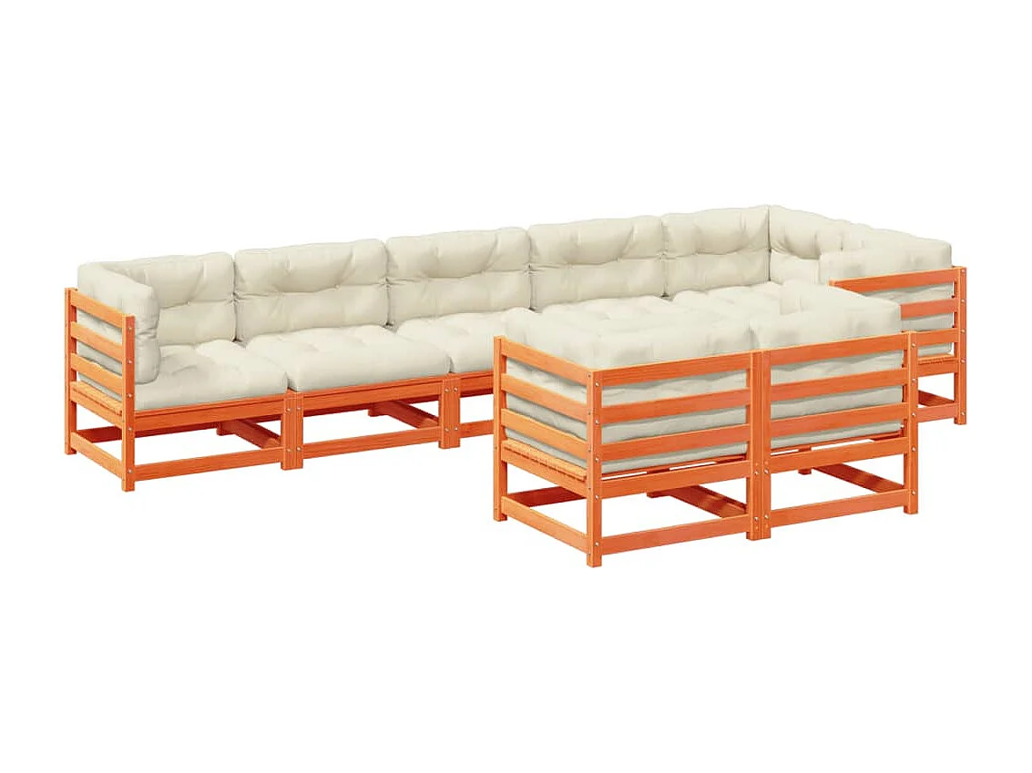 Salon de jardin 8 pcs avec coussins marron cire bois pin massif