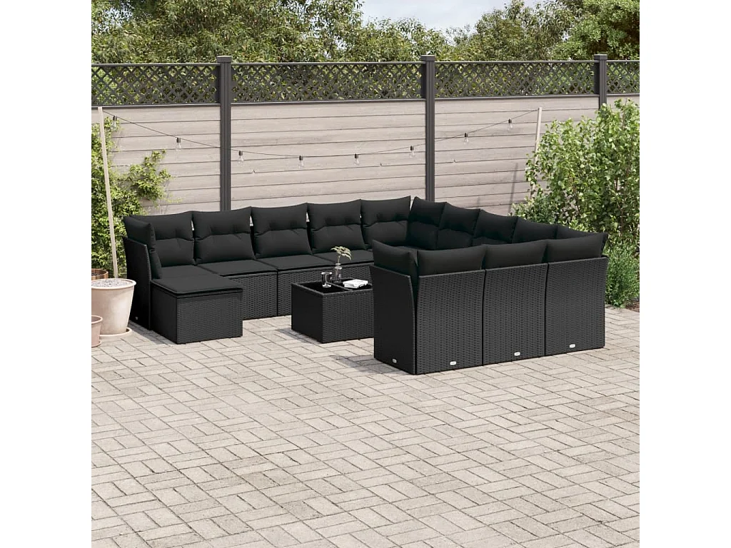 Salon de jardin avec coussins 13 pcs noir résine tressée