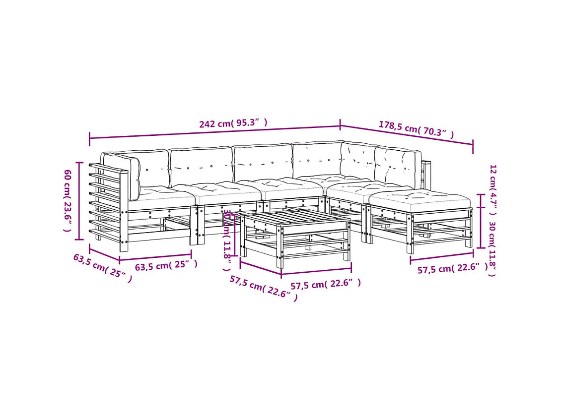 Salon de jardin 7 pcs avec coussins bois massif