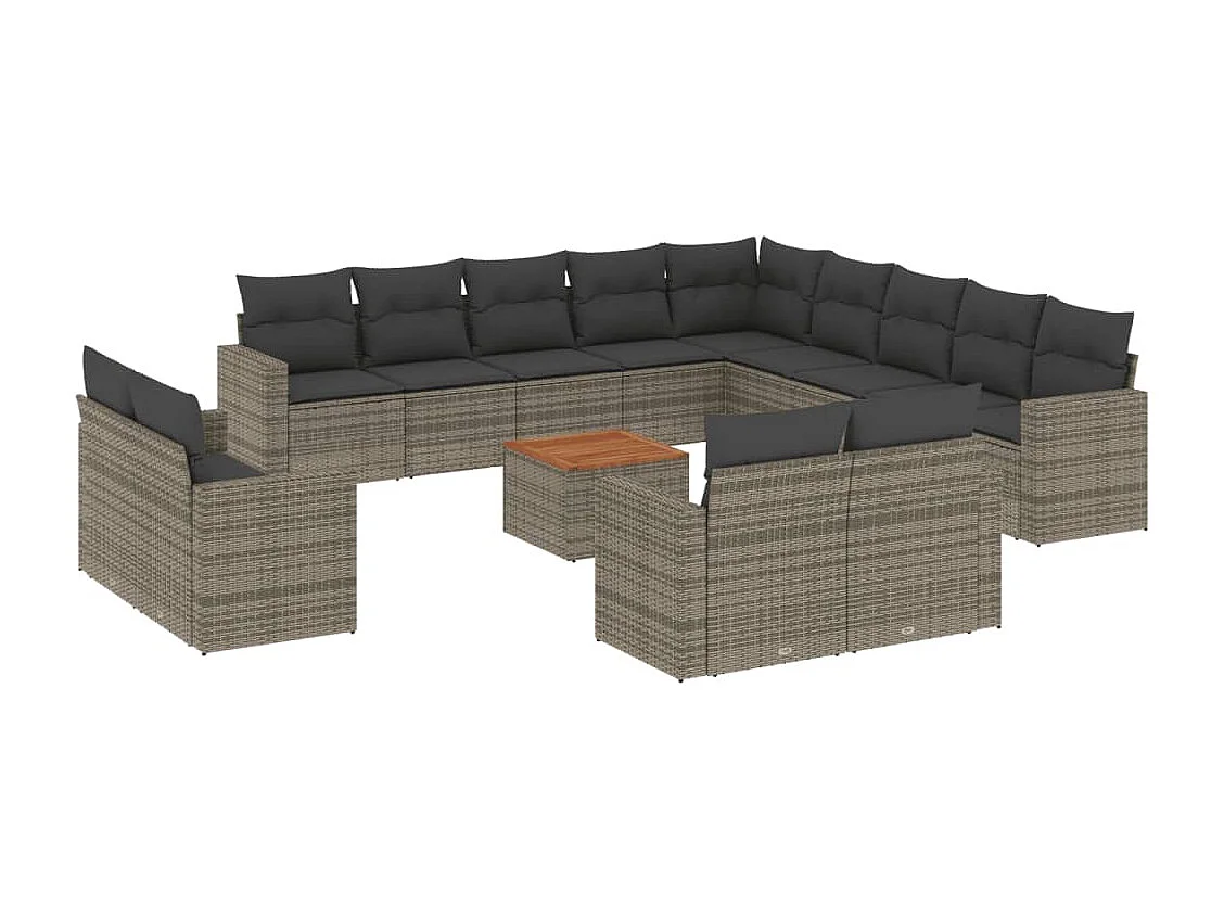 Salon de jardin avec coussins 14 pcs gris résine tressée