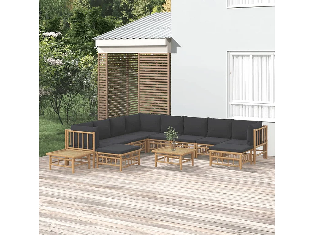 Salon de jardin 12 pcs avec coussins gris foncé bambou