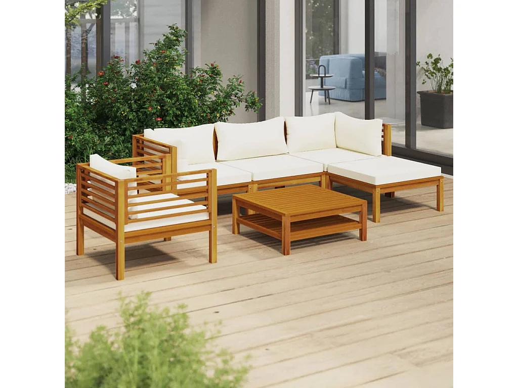 Salon de jardin 6 pcs avec coussin crème Bois d'acacia solide 6