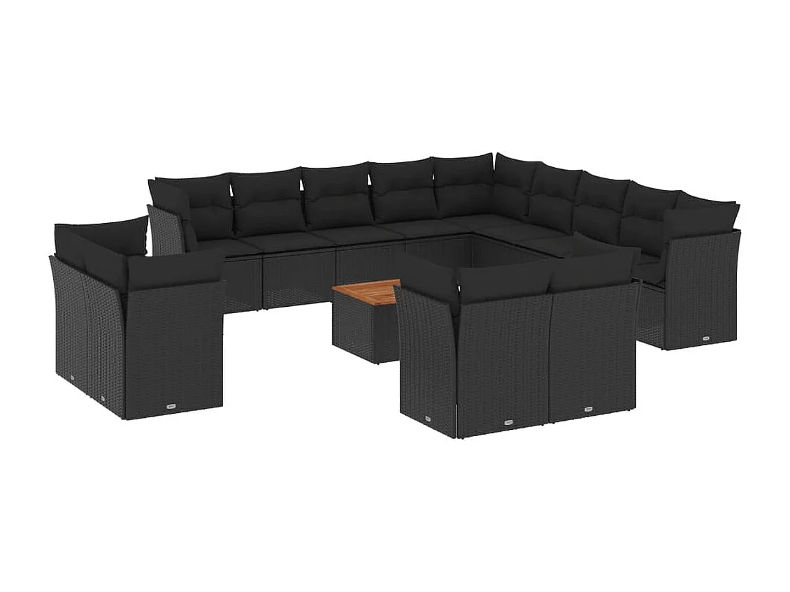 Salon de jardin avec coussins 14 pcs noir résine tressée