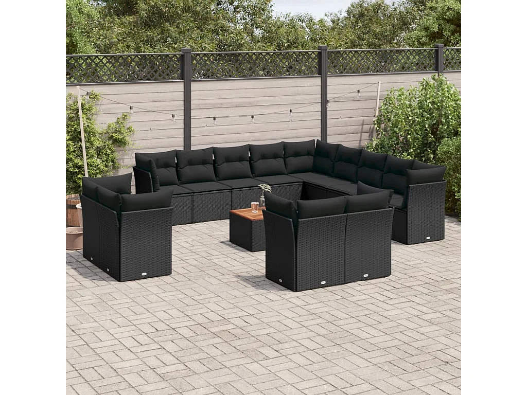 Salon de jardin avec coussins 14 pcs noir résine tressée