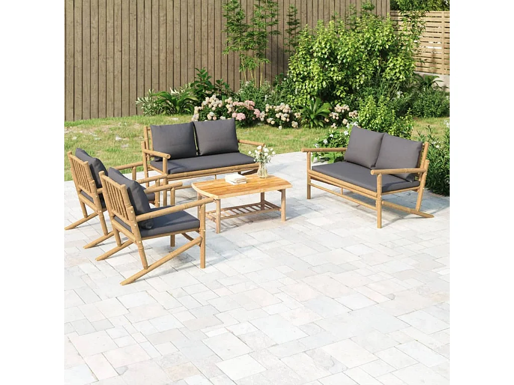 Salon de jardin 5 pcs avec coussins gris foncé bambou