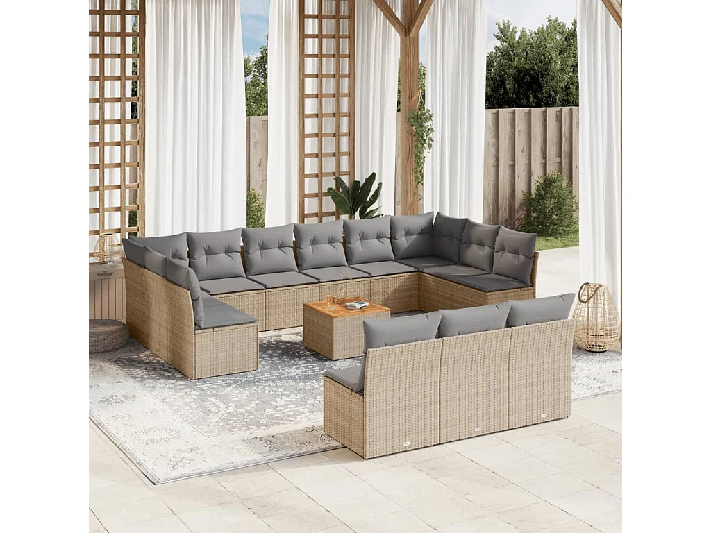 Salon de jardin avec coussins 14 pcs beige résine tressée