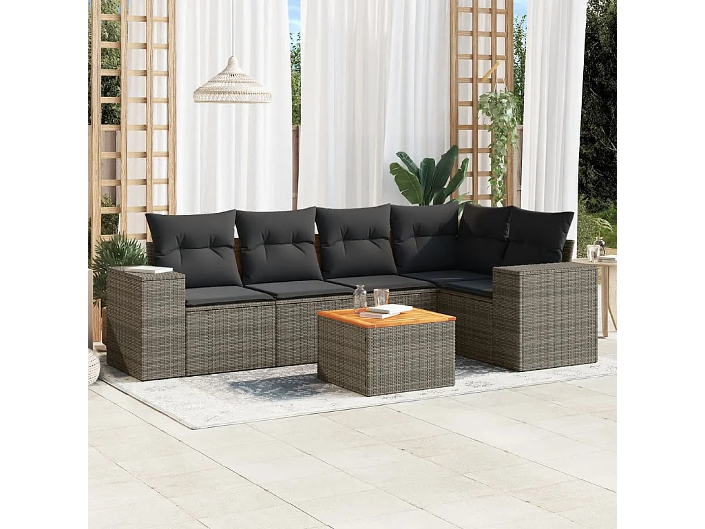 Salon de jardin 6 pcs avec coussins gris résine tressée