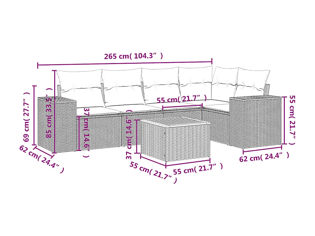 Salon de jardin 6 pcs avec coussins gris résine tressée