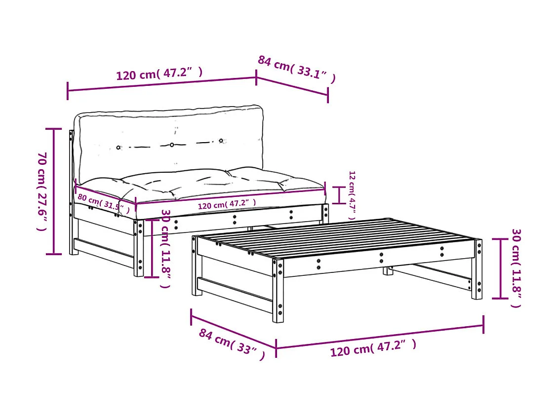 Salon de jardin 2 pcs avec coussins bois massif