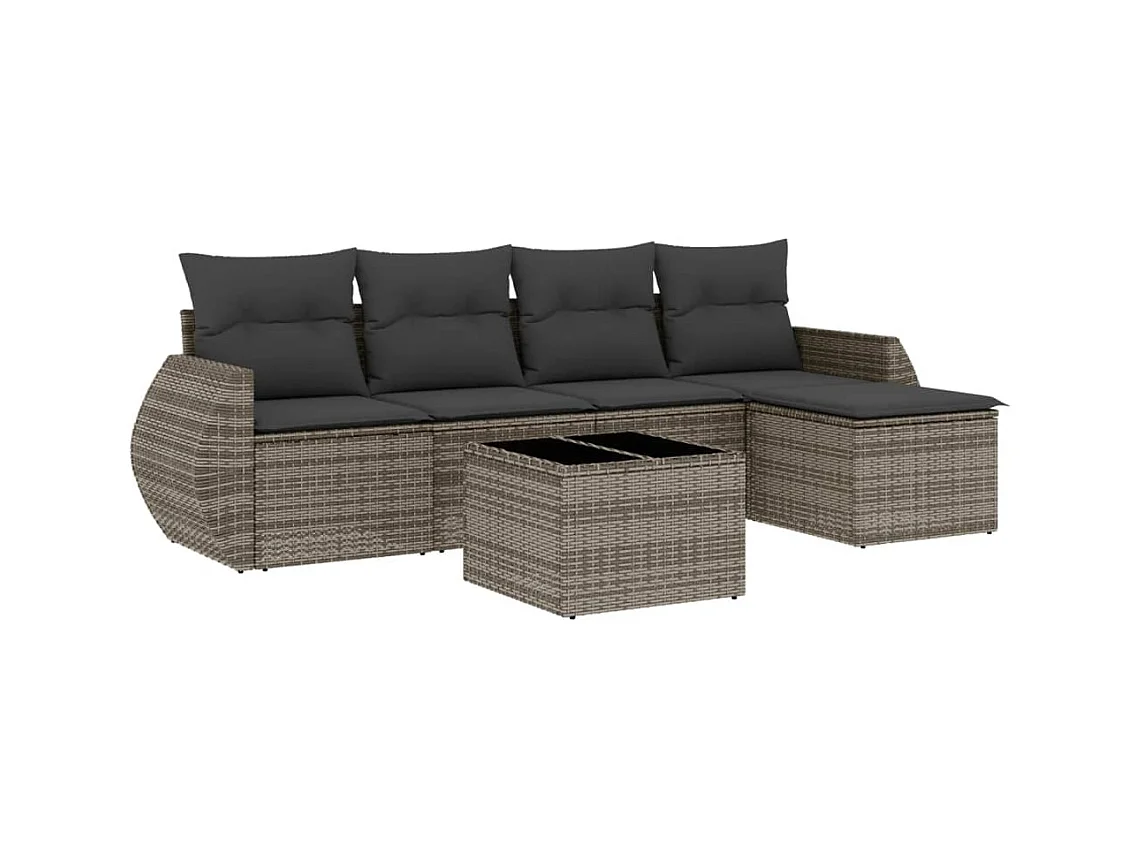 Salon de jardin 6 pcs avec coussins gris résine tressée