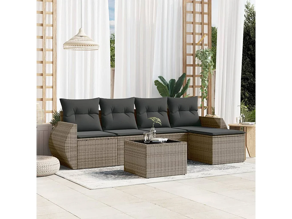 Salon de jardin 6 pcs avec coussins gris résine tressée