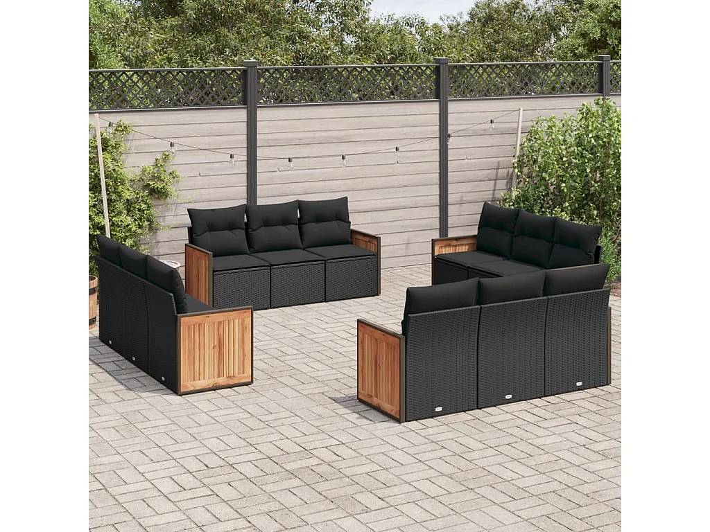 Salon de jardin 12 pcs avec coussins noir résine tressée