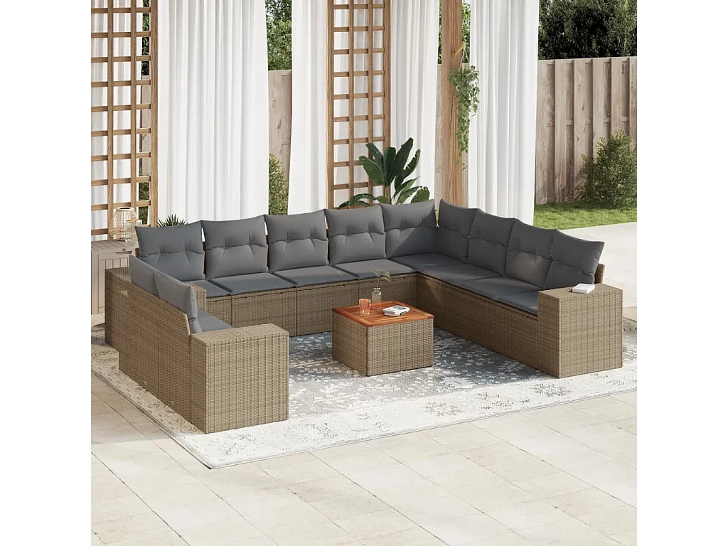 Salon de jardin 11 pcs avec coussins beige résine tressée