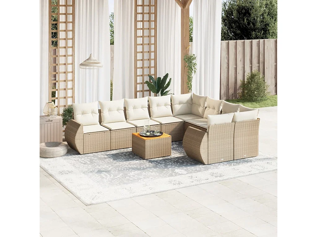 Salon de jardin avec coussins 10 pcs beige résine tressée