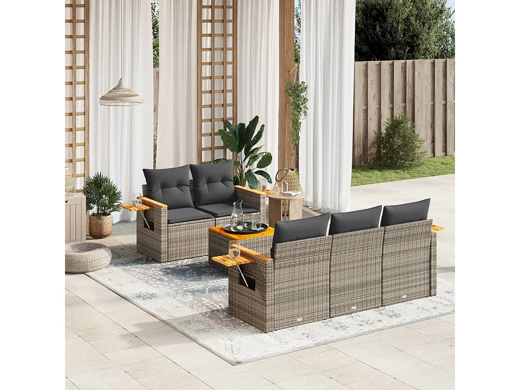 Salon de jardin 6 pcs avec coussins gris résine tressée