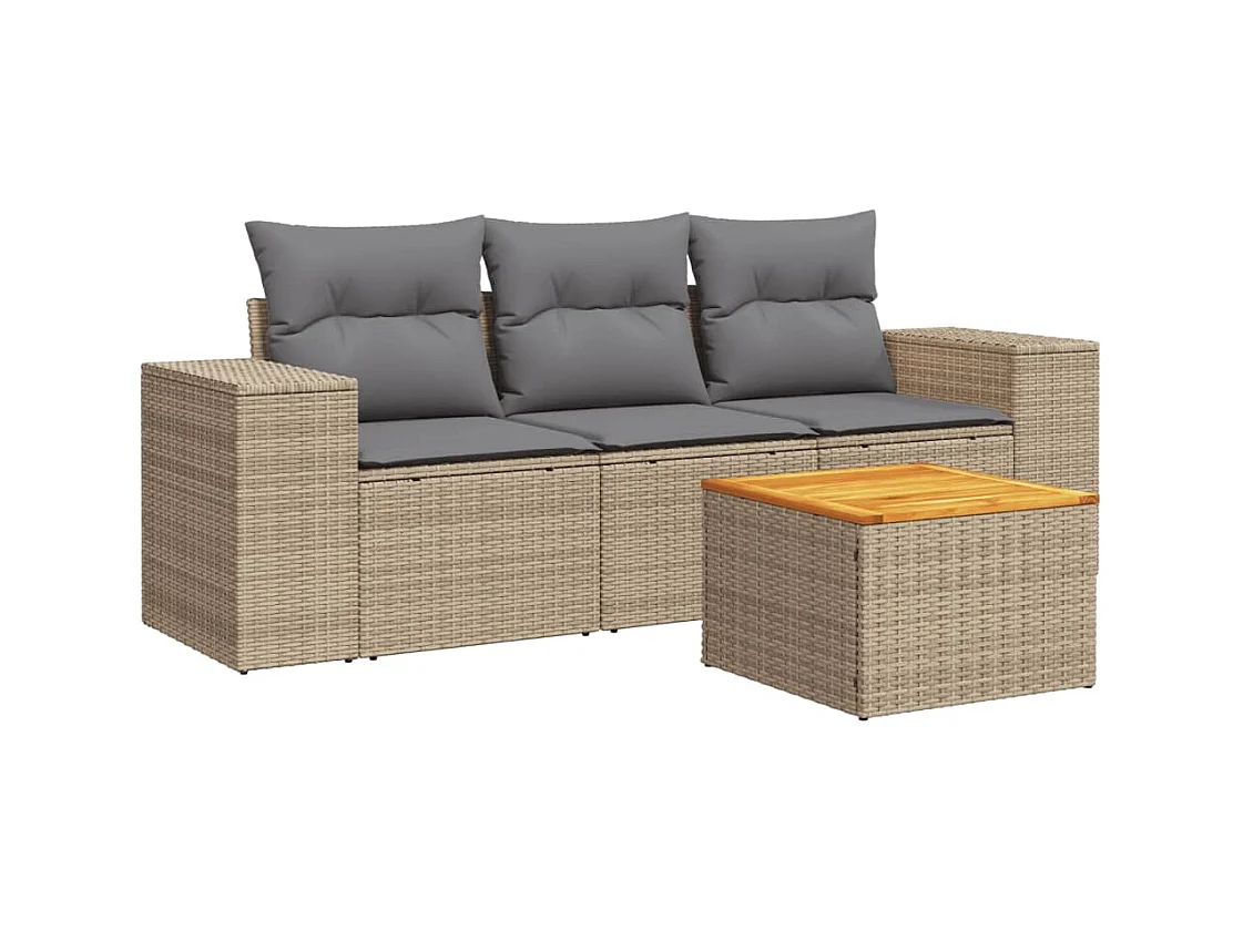 Salon de jardin avec coussins 4 pcs beige résine tressée