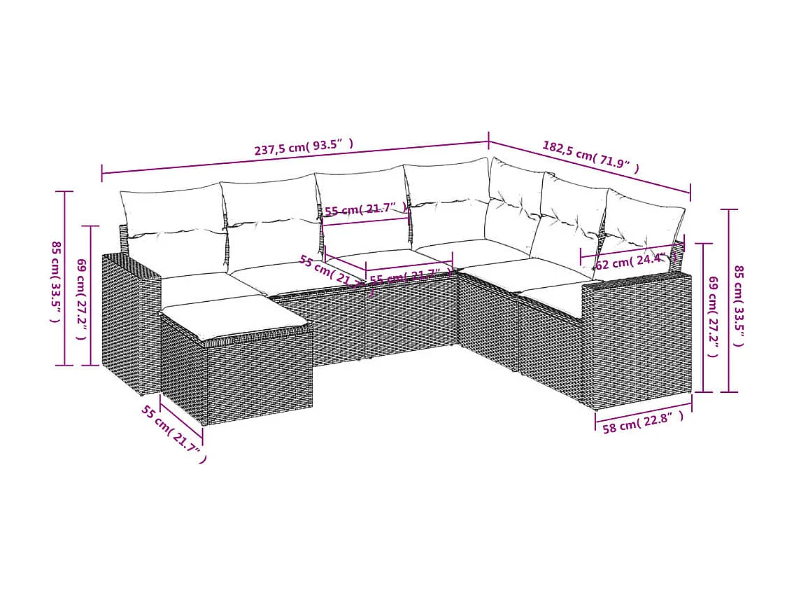 Salon de jardin avec coussins 7 pcs marron résine tressée