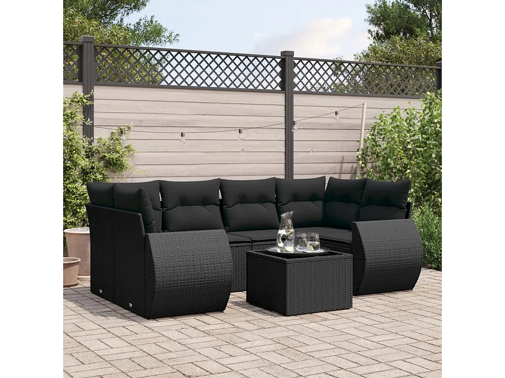 Salon de jardin 7 pcs avec coussins noir résine tressée