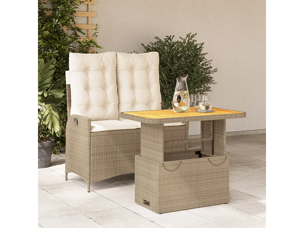 Ensemble à manger de jardin et coussins 2 pcs beige poly rotin