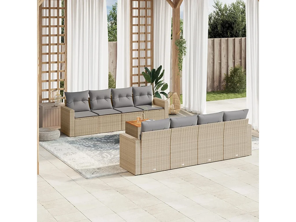 Salon de jardin avec coussins 9 pcs beige résine tressée