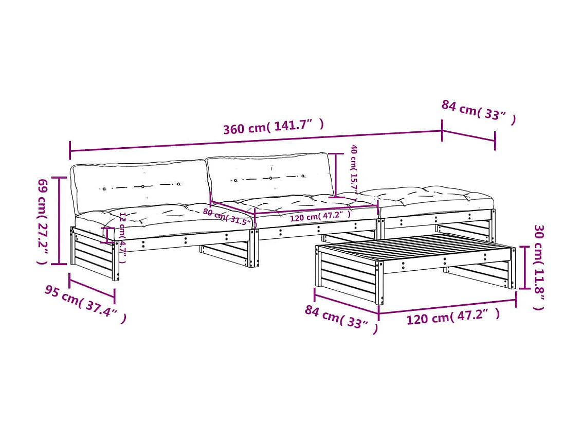 Salon de jardin 4 pcs avec coussins bois de pin imprégné