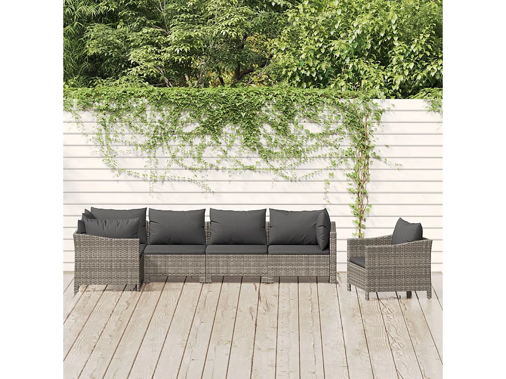Salon de jardin 6 pcs avec coussins Gris Résine tressée