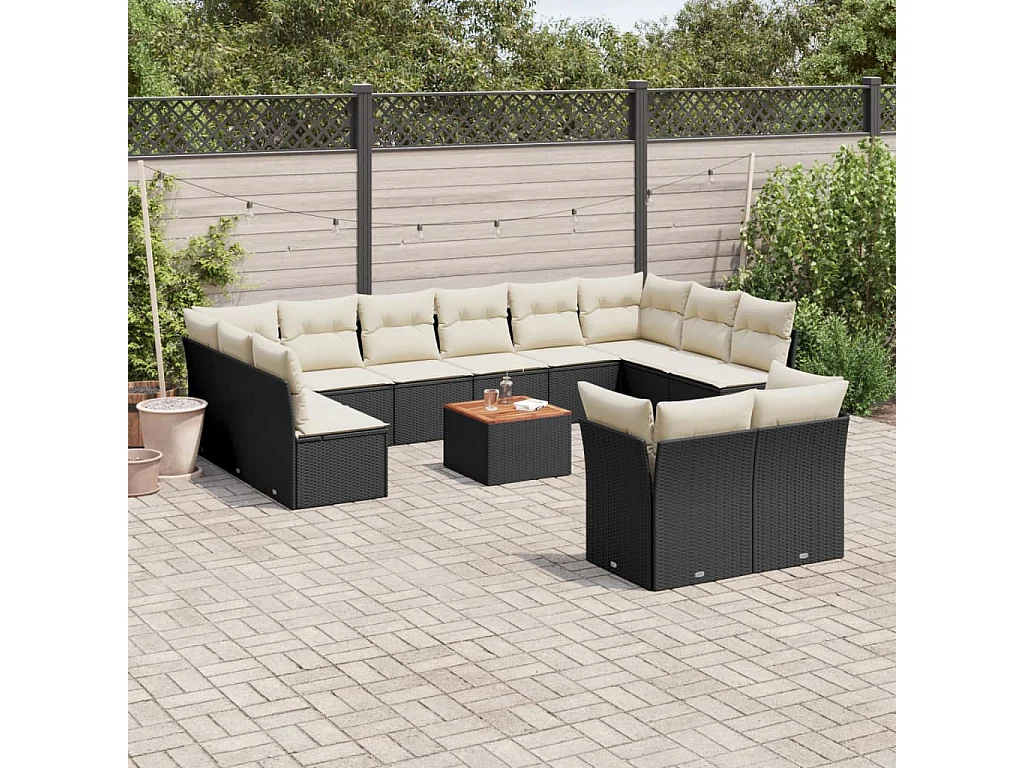 Salon de jardin avec coussins 13 pcs noir résine tressée