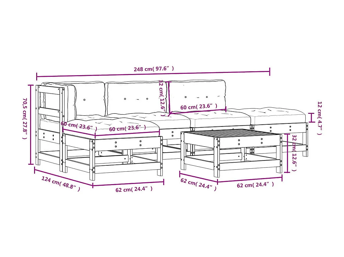 Salon de jardin 6 pcs avec coussins bois de pin imprégné