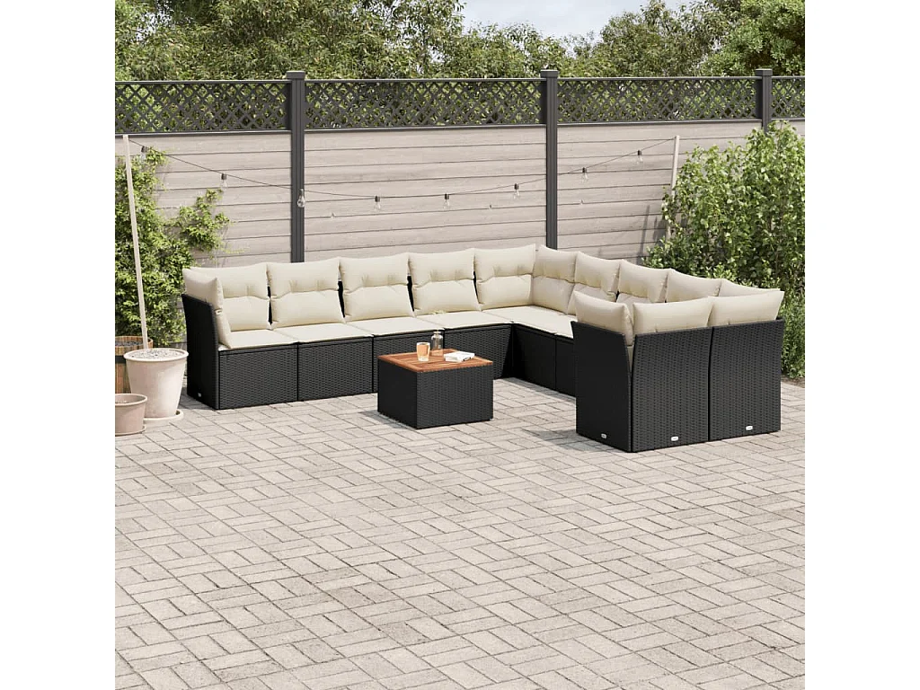 Salon de jardin 11 pcs avec coussins noir résine tressée
