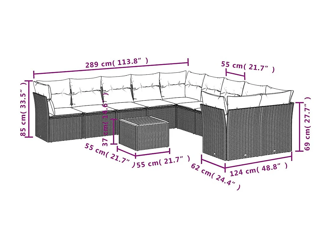 Salon de jardin 11 pcs avec coussins noir résine tressée