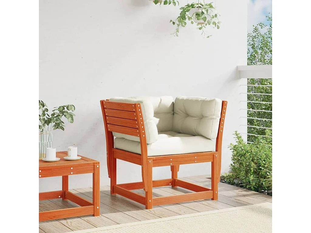 Canapé de jardin accoudoirs et coussins marron massif pin