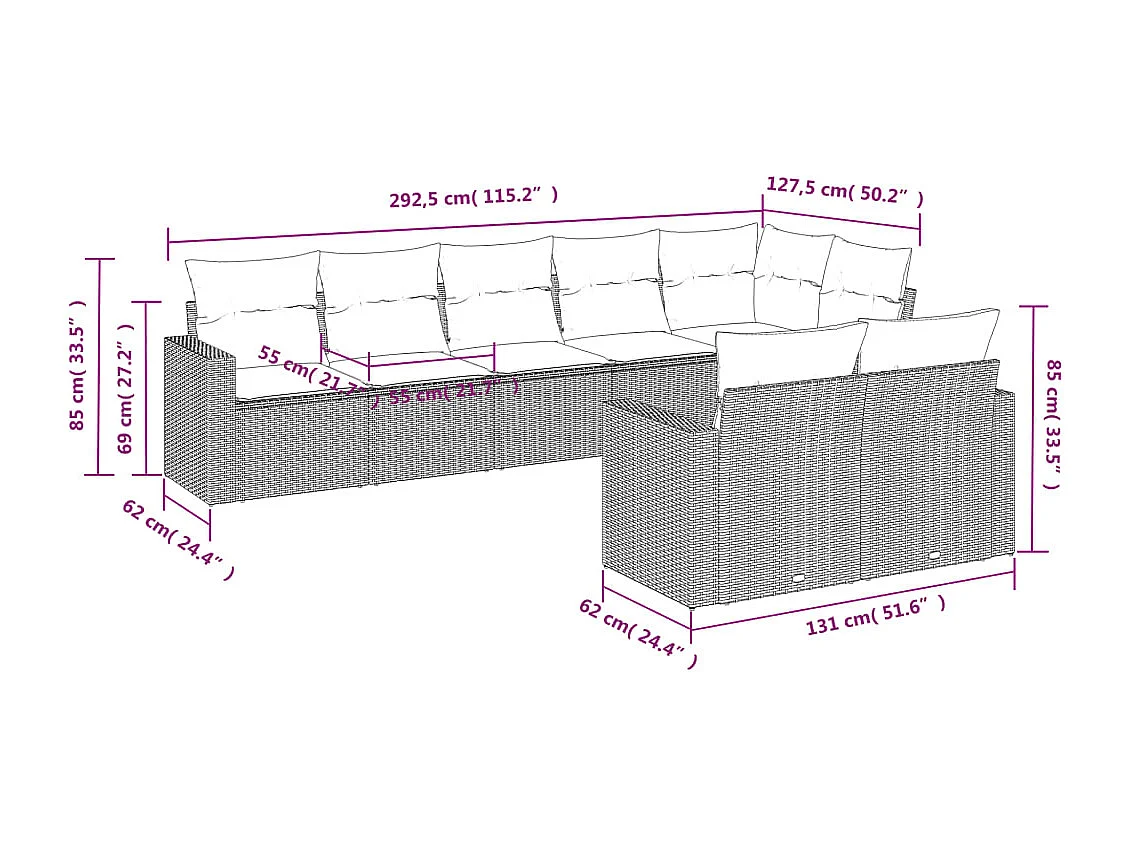 Salon de jardin 8 pcs avec coussins noir résine tressée