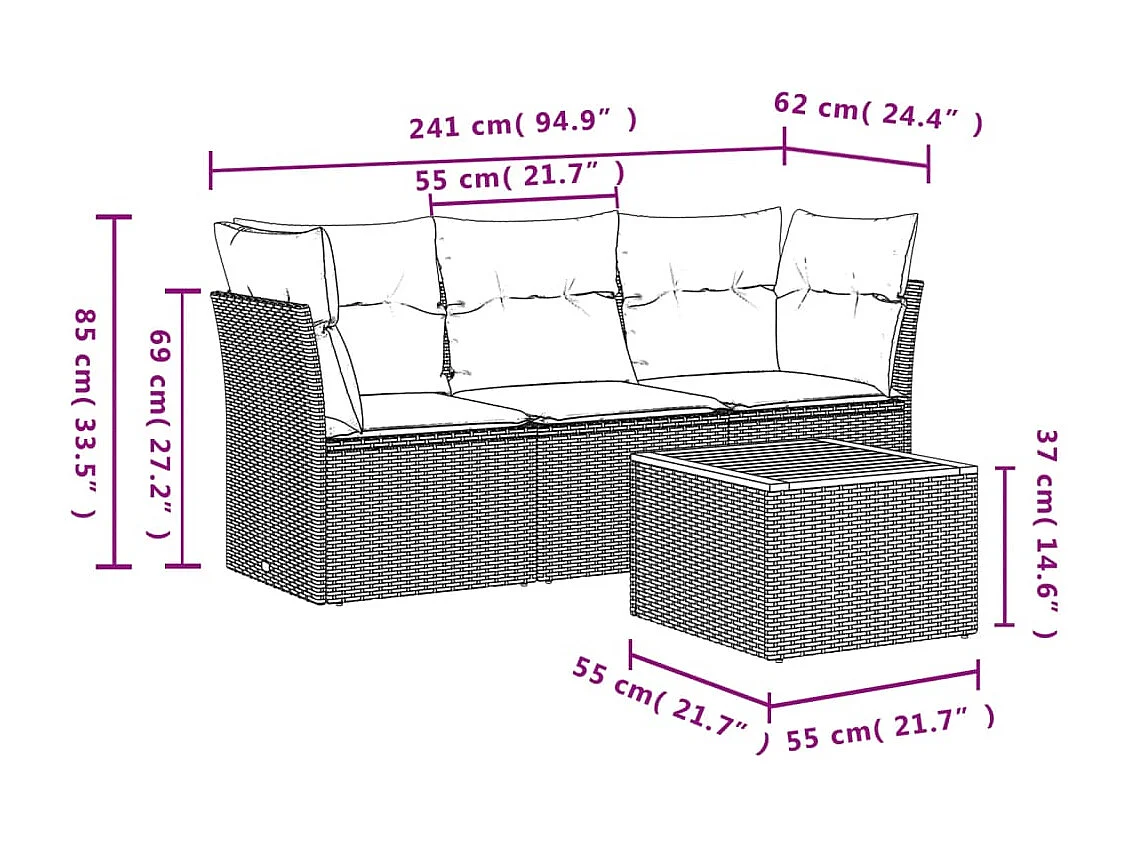 Salon de jardin 4 pcs avec coussins gris résine tressée