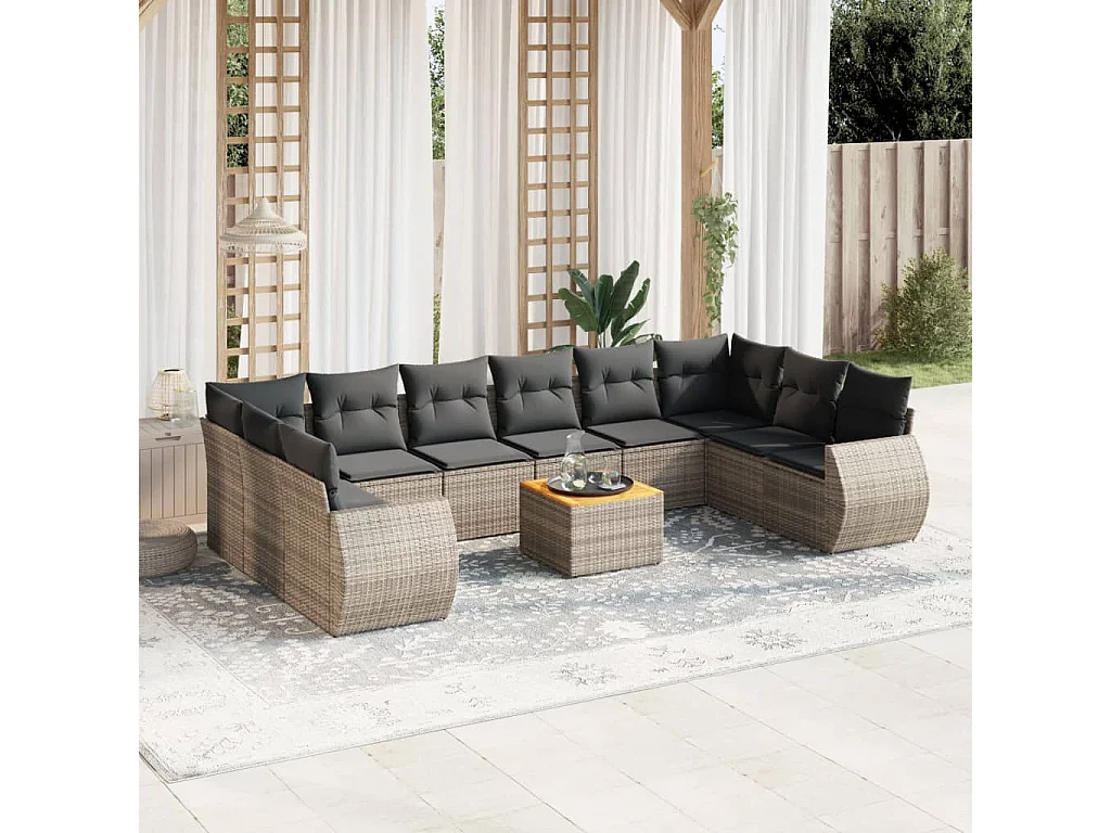 Salon de jardin 11 pcs avec coussins gris résine tressée